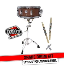 Snare Drum Pack by GRIFFIN - Drummers Percussion Kit Stand Set Wood Maple Sticks