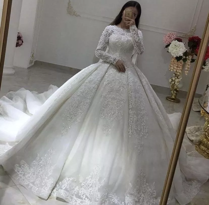 Princess Long Sleeve Wedding Dresses Lace Appliques High Neck Bridal Ball Gowns