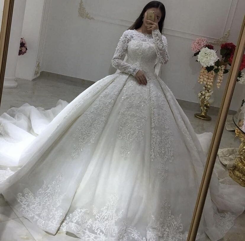 Princess Long Sleeve Wedding Dresses Lace Appliques High Neck Bridal princess-long-sleeve-wedding-dresses-lace-appliques-high-neck-bridal