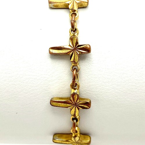 Bracciale vintage oro su ottone inciso croce catena 7 1/4 pollici - Foto 4 di 7