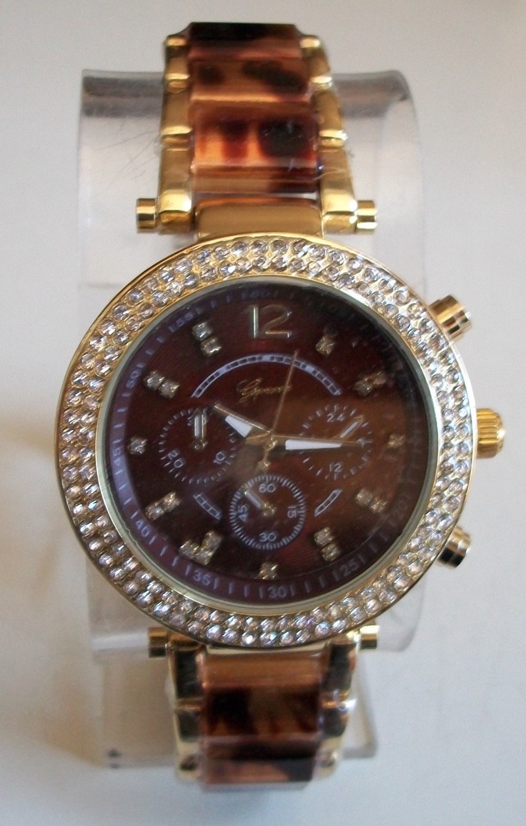 Watch: multi face rhinestone detail, tortoise band TORTOISE SHELL & SILVER RHINESTONE BRACELET FASHION WOMEN  main image 4