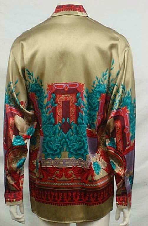 VINTAGE MENS SILK SHIRT CREME DE SILK MULTICOLOR THEME GREEK DYNASTY