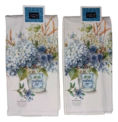 Set of 2 Bohemian Blue HYDRANGEA BOUQUET Terry Kitchen Towels by Kay Dee Designs