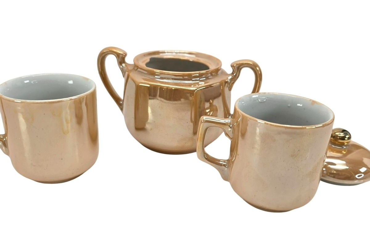 Vintage Japanese Lusterware Tea Set With Floral & Laurel Leaf Farm