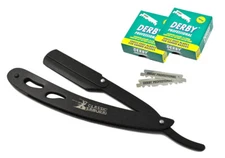 Classic Samurai Matte Black Folding Straight Razor + 200 Derby Single Blades