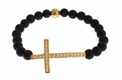 NIALAYA Women's Matte Onyx Stone Gold CZ Cross 925 Silver Bracelet s. S RRP $320