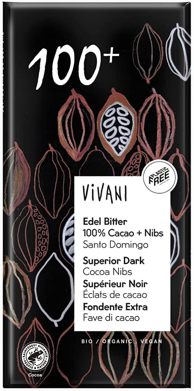Vivani Edel Bitter 100% Cacao + Nibs Dark Chocolate 80g x 5 PACKS