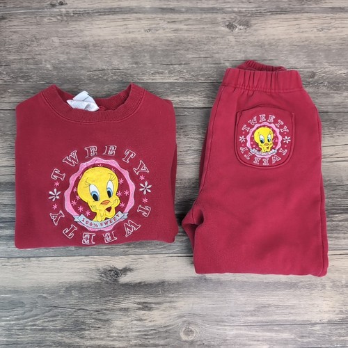 Vtg Tweety Bird Sweatshirt & Sweatpants Set Y2k 90's Youth 7/8 Red Looney Toons - Picture 5 of 11