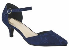 New Navy Blue Low Kitten Heel Lace Embellished Ankle Strap Bridal Evening Shoes