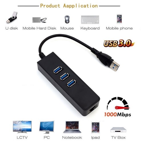 USB 3.0 3-Port HUB With RJ45 Gigabit Ethernet Adapter For PC Laptop Macbook AU - Picture 2 of 8