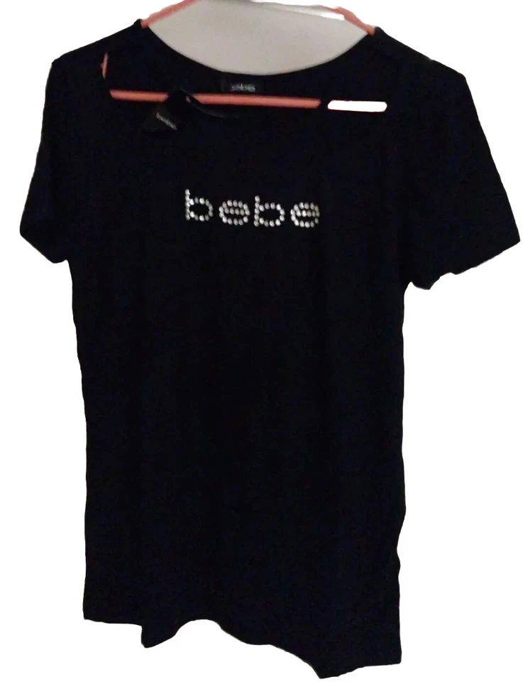 Blusa BEBE Estrás Negra Cuello Abierto Corte Delantero Top Para Mujer Camisa L Nueva con Etiquetas  Foto 2 de 4