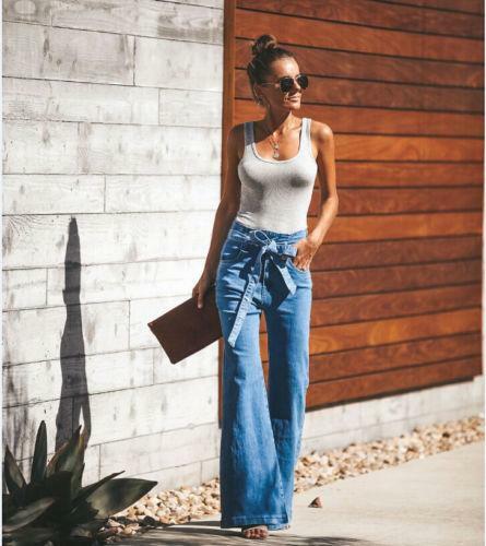Moda Donna vita alta hippie Boho Bell Bottom FLARE Jeans Stretch Pantaloni  S-2XL | eBay