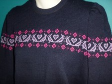 Vtg Demetre 100 Virgin Wool Ski Sweater Navy BLue Purple Birds Hearts Sz M