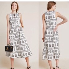 Anthropolgie Woodblock Midi Dress Size 0  Fit N Flare Sleeveless Cotton