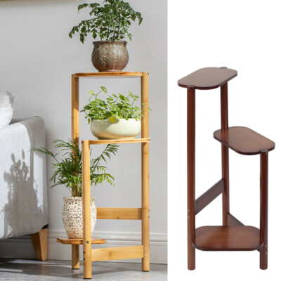 Unho 3 Tier Bamboo Wood Tall Corner Plant Rack Garden Flower Pot Holder for Balcony - Brown