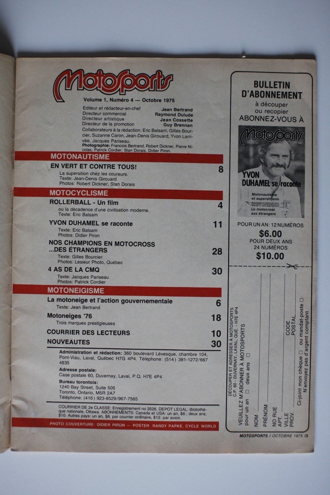 MOTORSPORTS Quebec Magazine Octobre 1975 Alouette Snowmobile