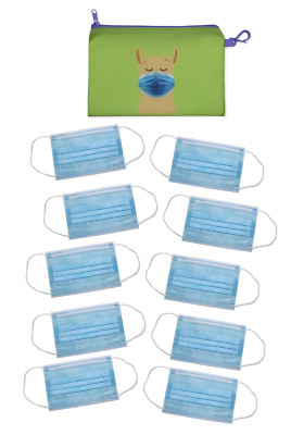 10 Blue Face Masks Pack With Llama Pouch Tote Kids Youth Childrens Size Lot
