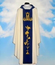 Marian Chasuble and Stole, Embroidered Marian Design / Lilies Chasuble Vestment