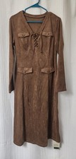 Halara Lace-Up V-Neck Long Sleeve Midi Suede Brown Work Dress, Maxi, Large