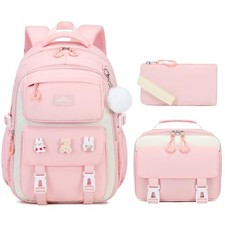 3PCS Girls Backpack for School, Kids Backpack for Girls 3PCS Backpack Set Pink