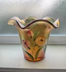 Vintage Fenton 6" Vase Iridescent Autumn Gold, Hand Painted Flowers & Signed