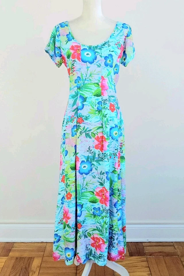 Маленький винтажный JAMS WORLD синий гибискус цветочный пуловер длинное платье макси, Гавайи - Изображение 2 из 4