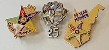3 Order of the Eastern Star Pins: 50 Yrs (2);  25 Yrs -- Two Are Sterling Silver