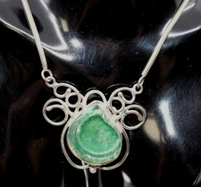 Vintage Sterling Silver 925 Green Sea Glass Artisan Scrollwork Pendant Necklace
