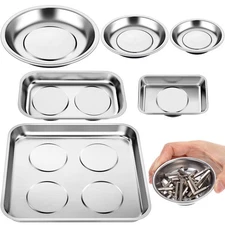 6pc Square & Round Magnetic Tool Tray Set - Stainless Steel Parts Holder