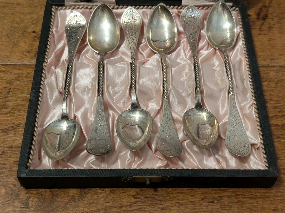 Set of 6 N.L.N. .830 Silver Coffee Tea Spoons Box Case Twisted Handle 5.75" Ag  - Image 2 of 4