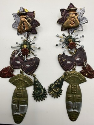 Mask Clown Lucky Money Sun Jackpot Pierced Metal Earrings Vintage 90s Mardi Gras