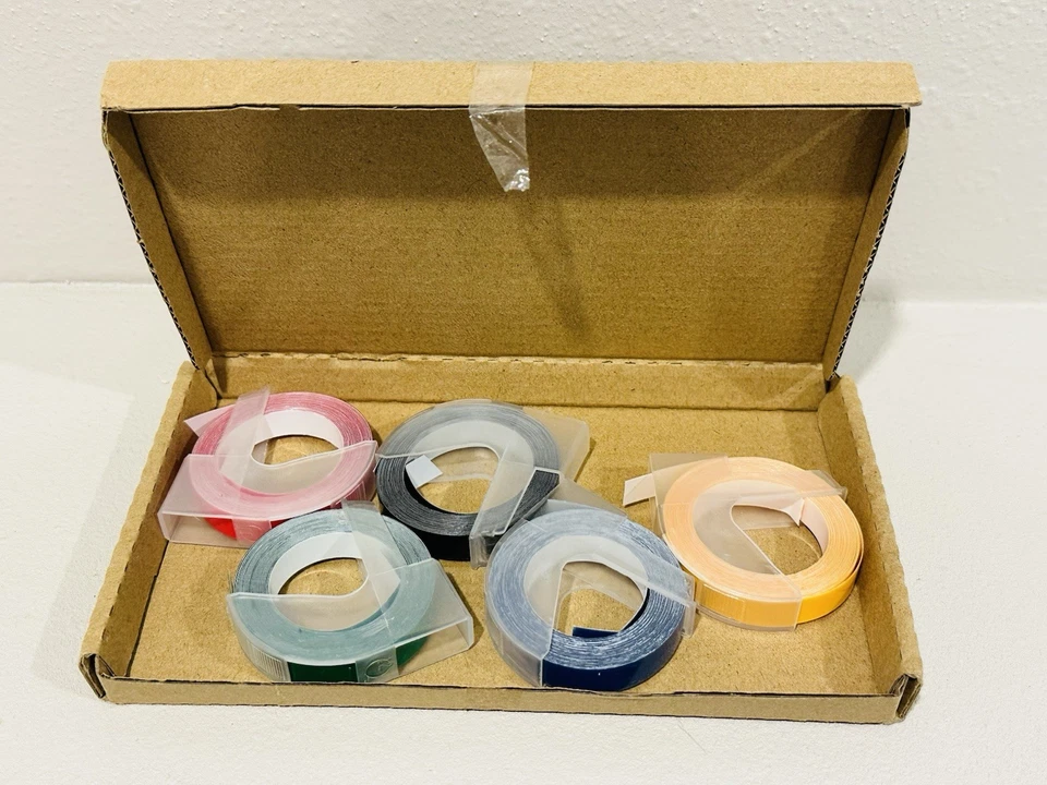5PK Embossing Label Tape. 3/8 Inch. White On Black/Red/Blue/Yellow/Green - Image 2 of 2