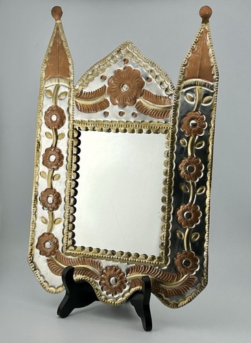 Mexican Punched Tin Church Mirror Floral Folk Art 13½" 1960's Vintage