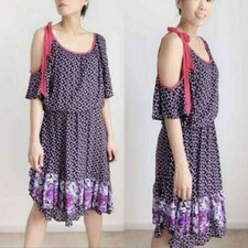 Free People Dress Small Purple Black Floral Asymmetrical Hem Tie  Cold Shoulder