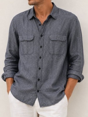 Les Essentiels de Monoprix Linen Button Front Shirt Size 48/M Blue Chambray