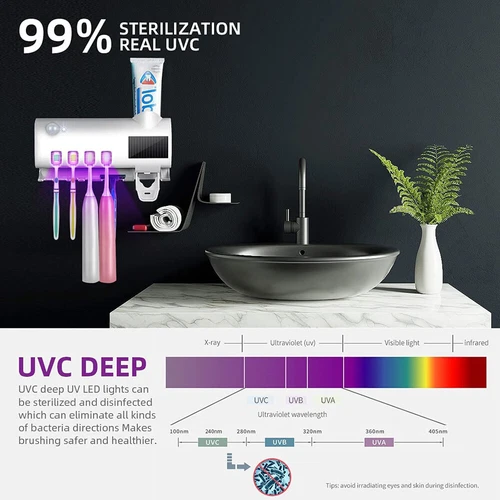 Toothbrush Holder UV Light Sterilizer Cleaner and Automatic Toothpaste Dispenser - Picture 8 of 15