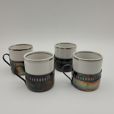 Bellini Silver Plate Veracruz Porcelain Espresso Coffee Cups