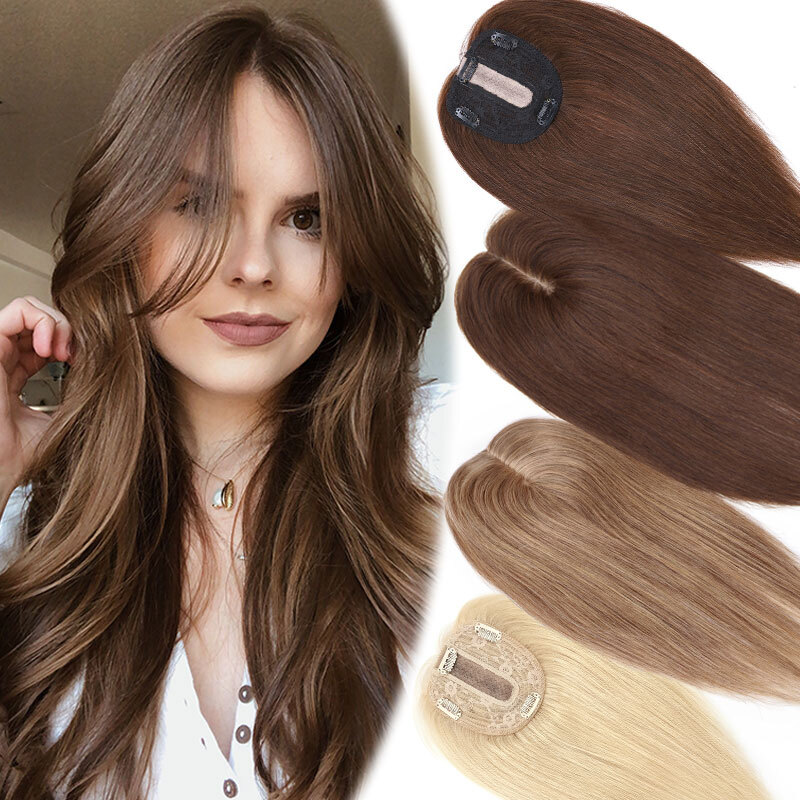 Clip In Indian Remy Human Hair Silk Base Top Piece Topper  display picture 3