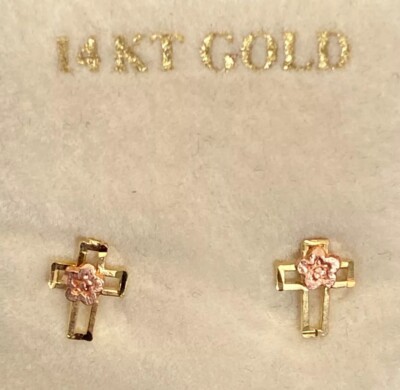 Vintage Solid 14k Yellow Gold Flower & Cross Outline Earrings Studs Set