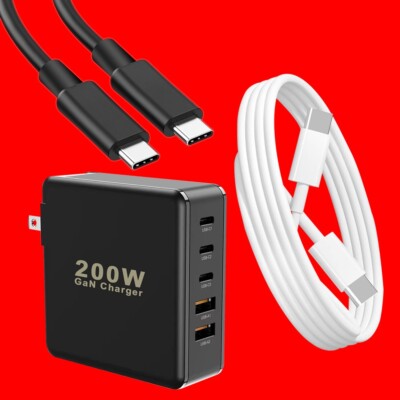 200W GaN 5 Port USB Type C PD Fast Charge Wall Charger Cable for Samsung MacBook