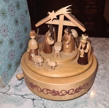 Thorens Switzerland Christmas Nativity Scene Music Box Erzgebirge Putz Wood Box
