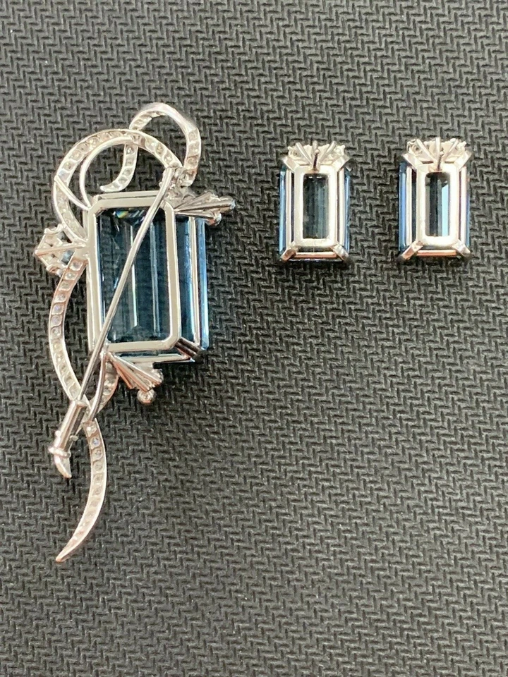 aquamarine diamond brooch pendant large & earrings set 18kt white gold 40ct READ - Image 3 of 4