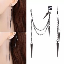Spike Dangle Earrings Punk Goth Drop Black Pierced Jewelry Tassel Chain Ear Cuff