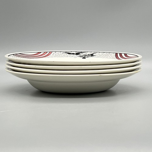 Lot 4 VTG 1930s WEDGWOOD Art Deco Birds SUNBIRDS Red Black RIM SOUP BOWLS Exc! - Picture 10 of 13