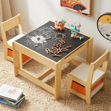 Kids Table and Chair Set, 3 in 1 Wooden Activity Table with Storage Drawer