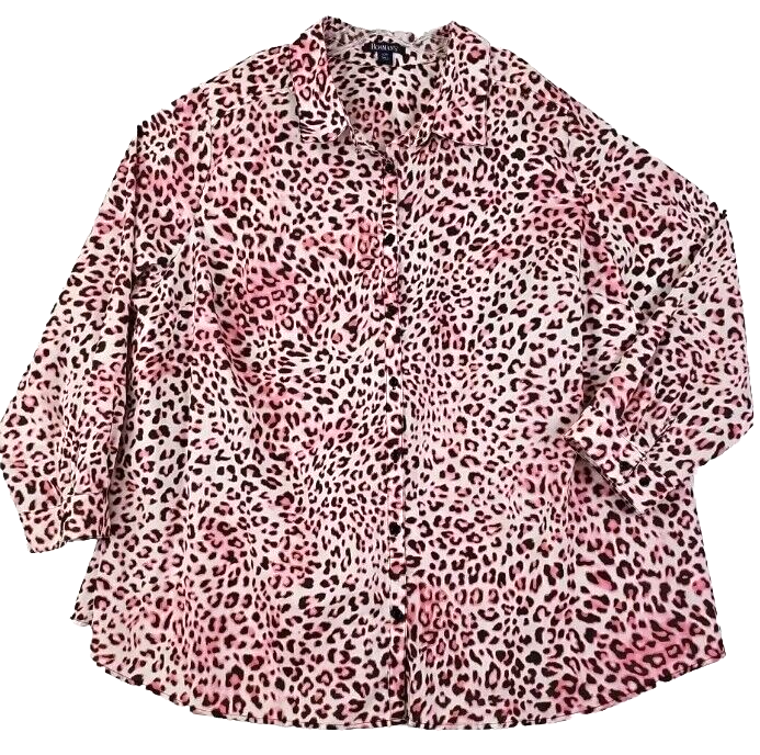 Roamans ~Woman Plus Size 32 W~ Pink/Brown Animal Print Button-Up Shirt  Blouse LS