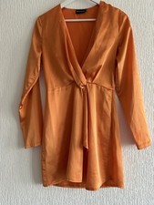 ORANGE SILKY SHORT DRESS 10 PLT FLOATY SUMMER PARTY EVENING GLAM HOLIDAY CLUB