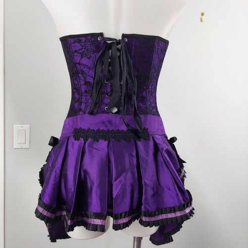 Burlesque Style Corset and skirt satin and Lace, Bows and Feathers, M, Purple - Picture 4 of 18