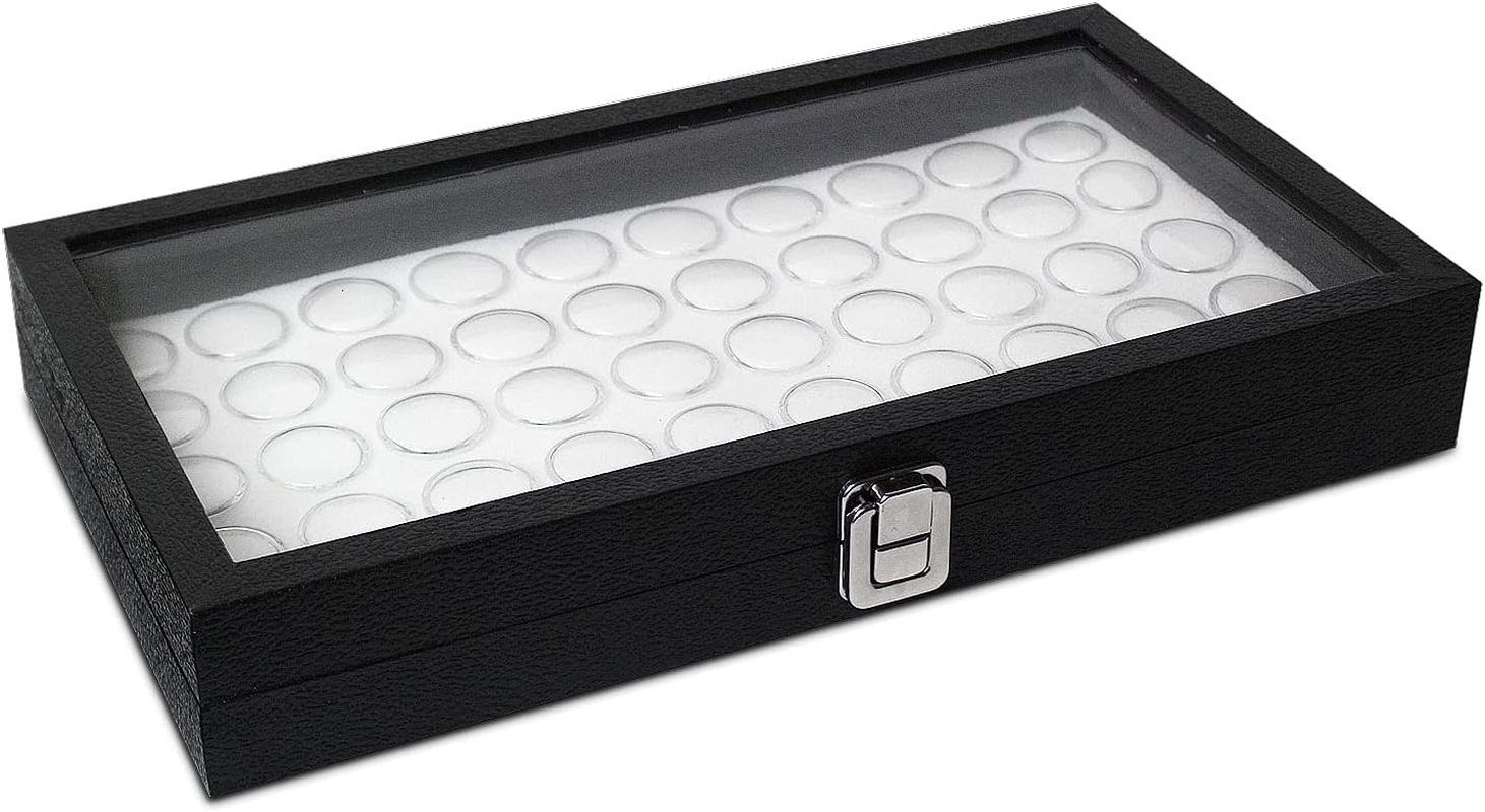 Removable Black Glass Top Jewelry Display Case Box 50 Gem Jars, Ring Box,