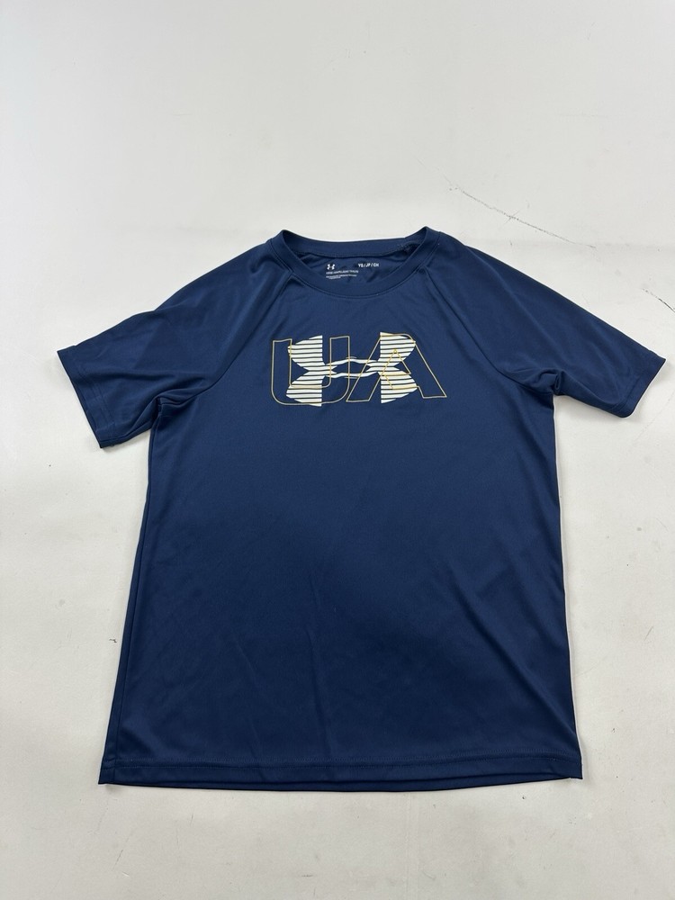 Under Armour Boys Blue Loose Fit Athletic Shirt Youth Small Front Logo